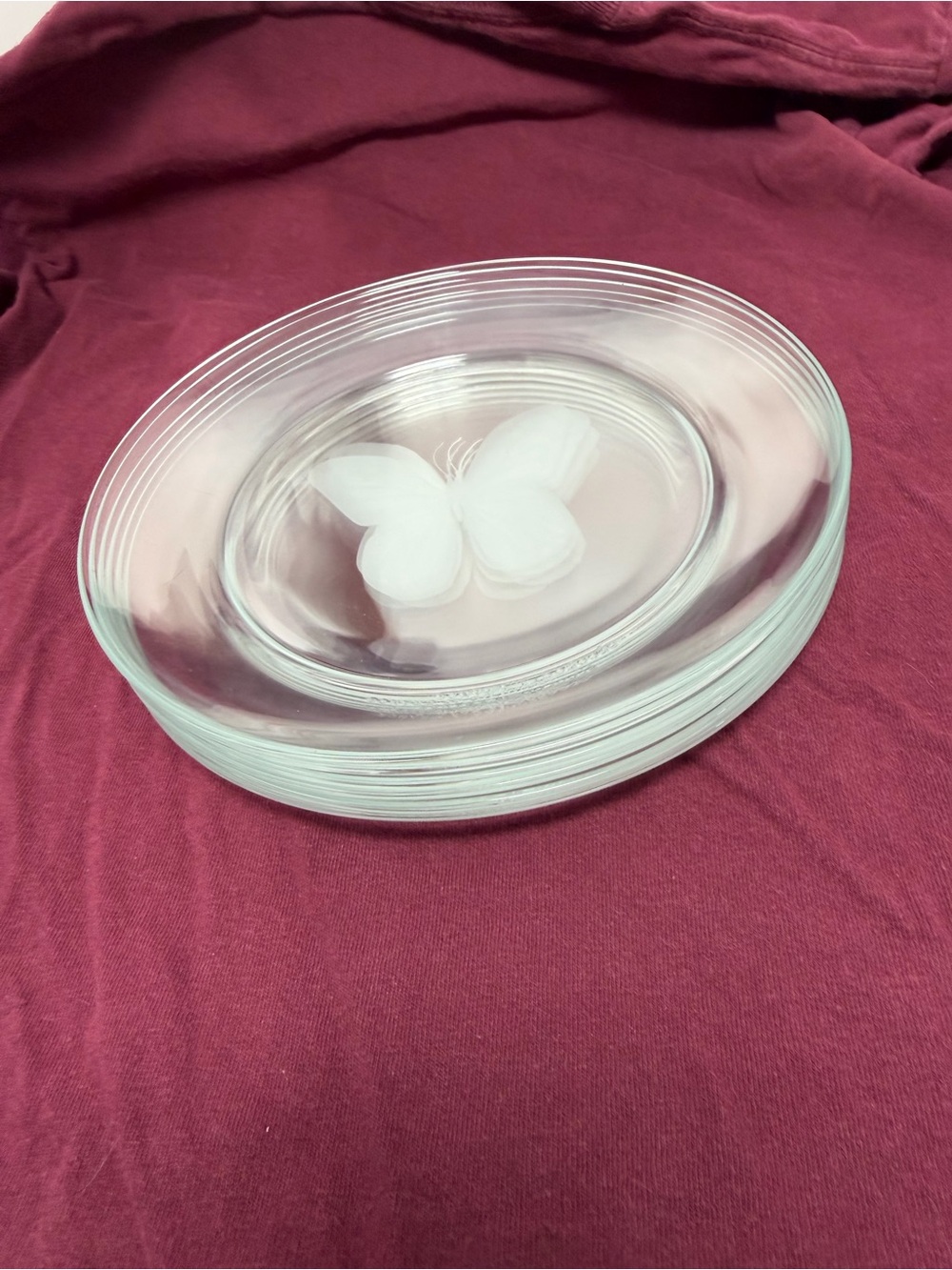 Arcoc France Clear Pressed Glass Etched Butterfly Plates 8” Set of 6 Vintage